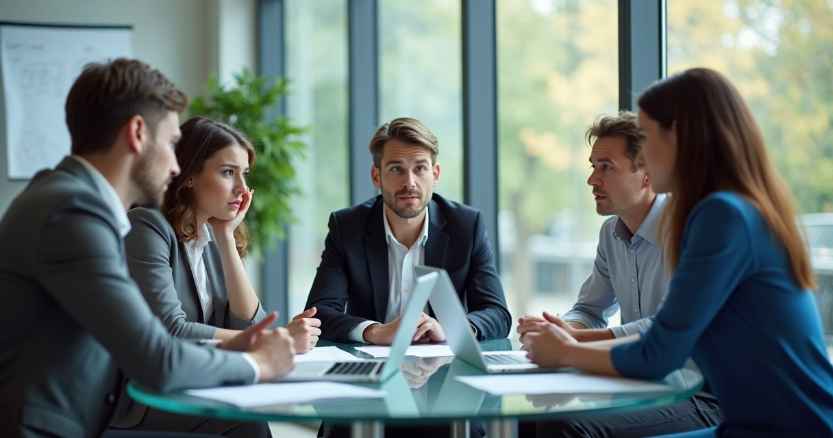 Equipo de trabajo en reunión con expresiones emocionales diversas
