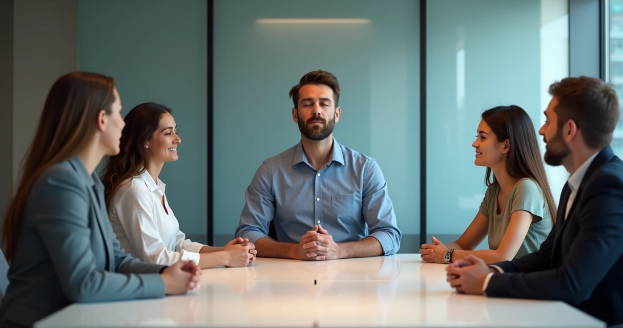 Equipo de trabajo en mesa de reuniones, líder al centro con ojos cerrados, respirando, ambiente de calma