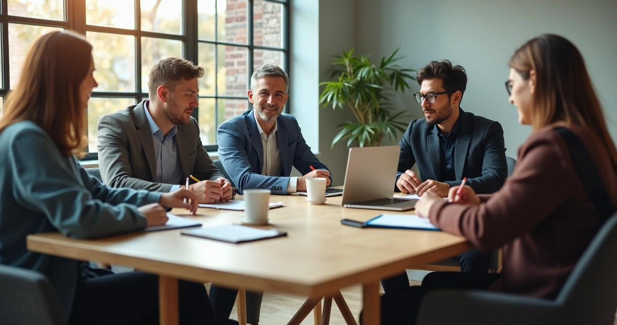 Personas sentadas en una reunión de trabajo en ambiente relajado, con notas y laptops en una mesa clara