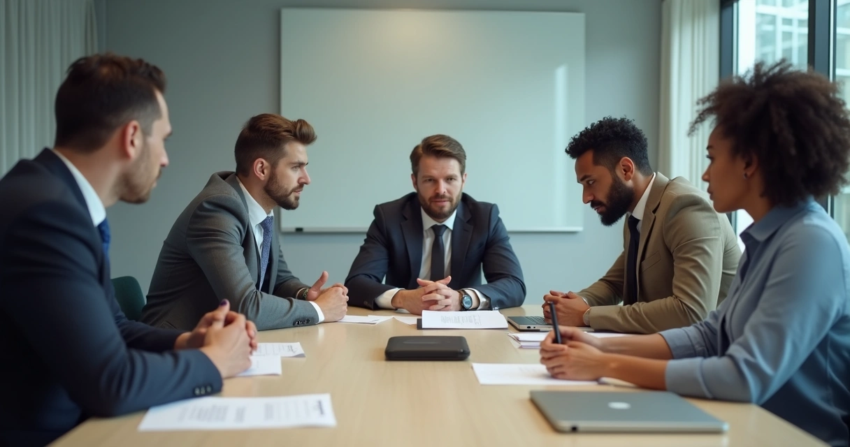 Grupo de trabajo en reunión, algunos miembros tensos y otros distantes