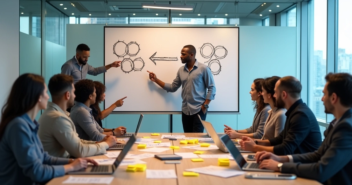 Equipo de trabajo diverso rompiendo patrones inconscientes en una sala de reuniones moderna 