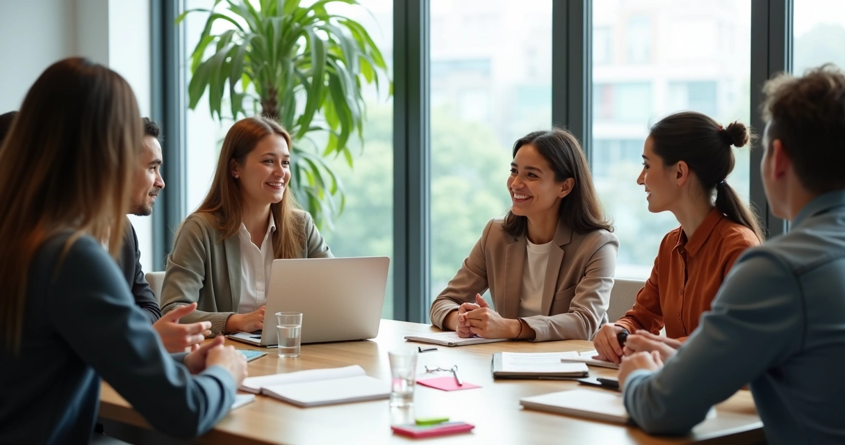 Equipo de trabajo diverso reunido en círculo en una oficina luminosa 