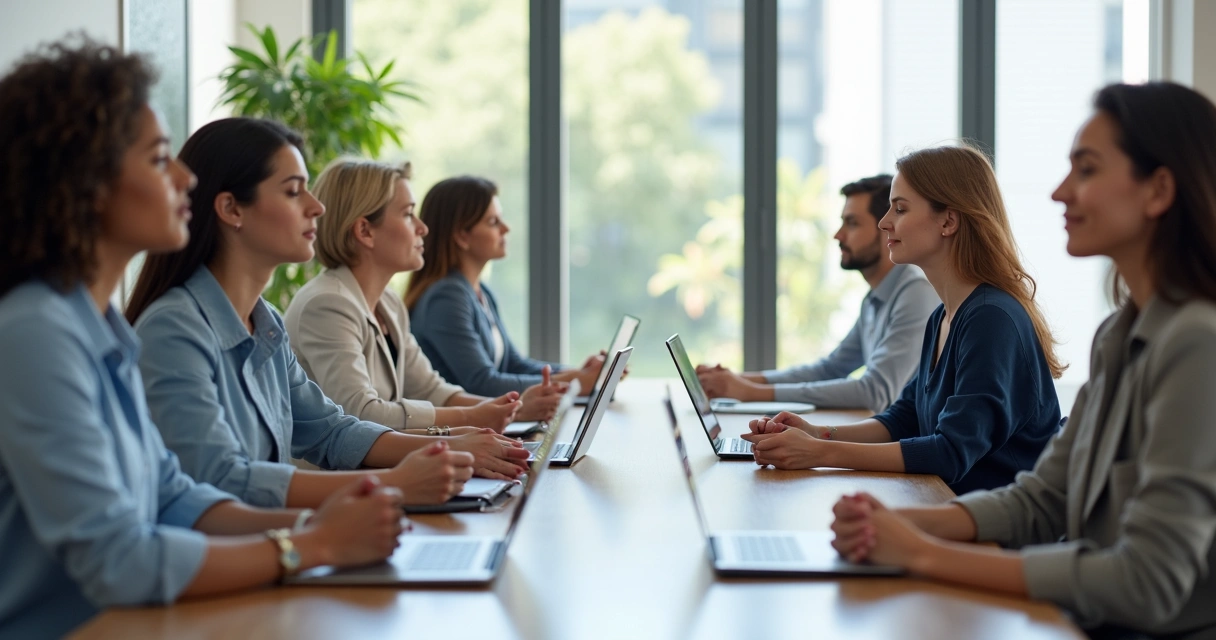 Personas sentadas en mesa de trabajo en silencio, ojos cerrados, ambiente tranquilo 