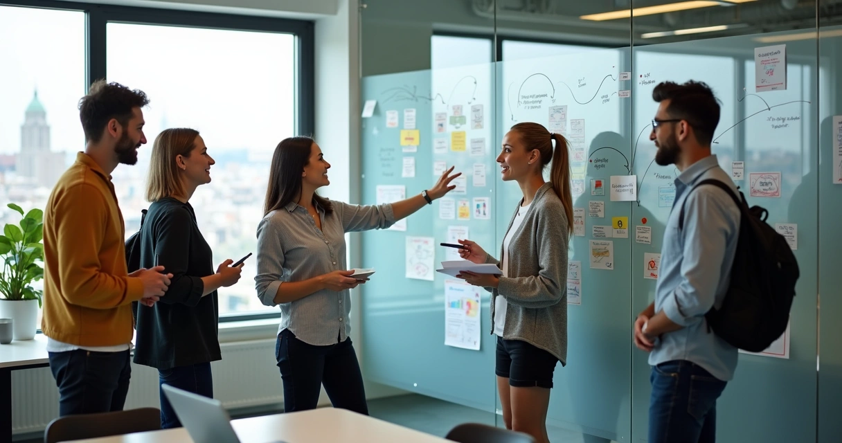 Equipo colaborando con diagramas de flujo en pared 