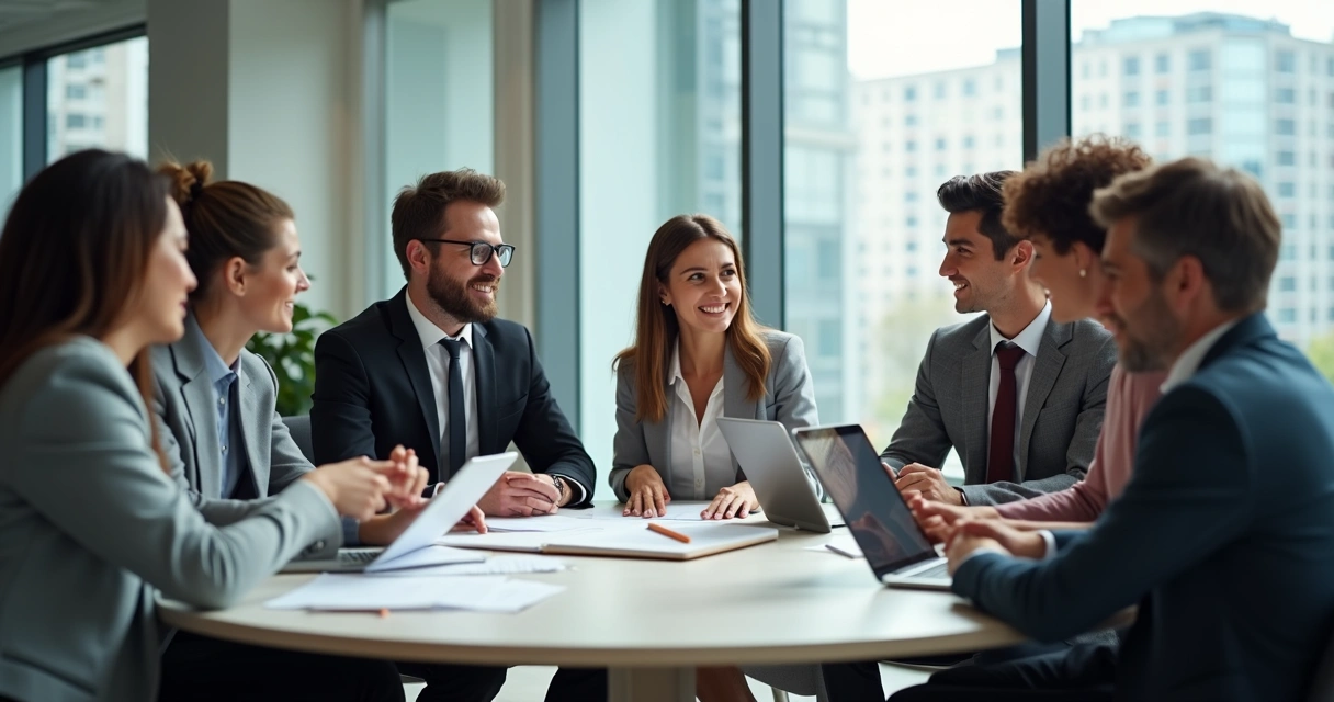 Grupo de trabajo en oficina compartiendo información en una mesa redonda