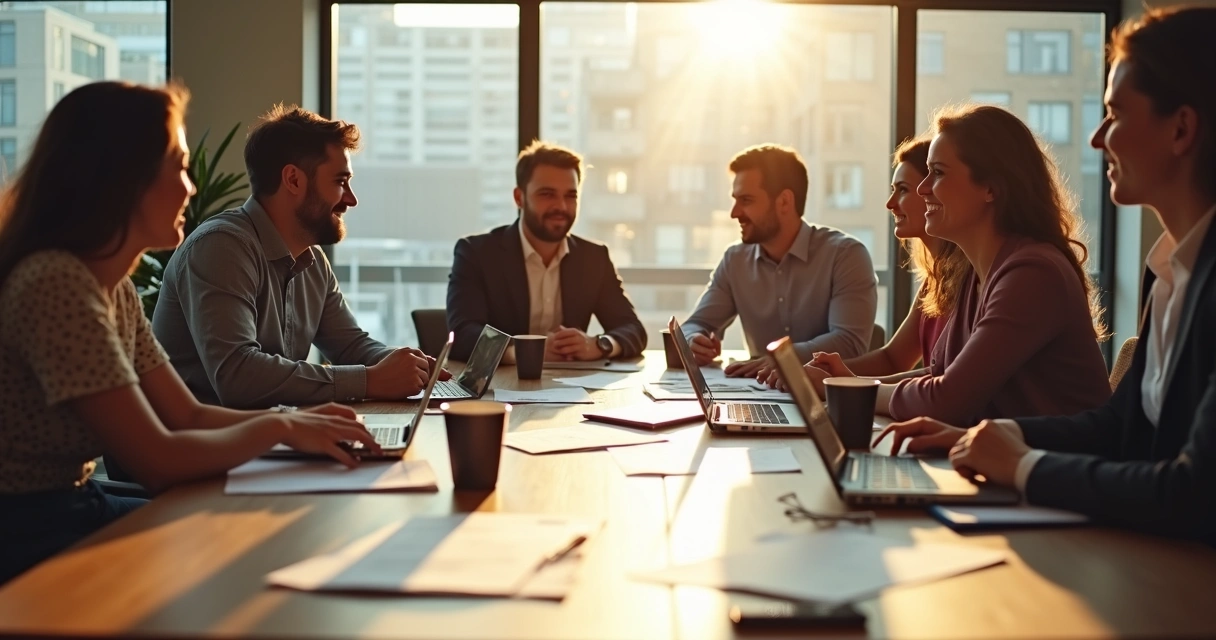 Equipo de trabajo de varias personas sentados conversando en una mesa de oficina 