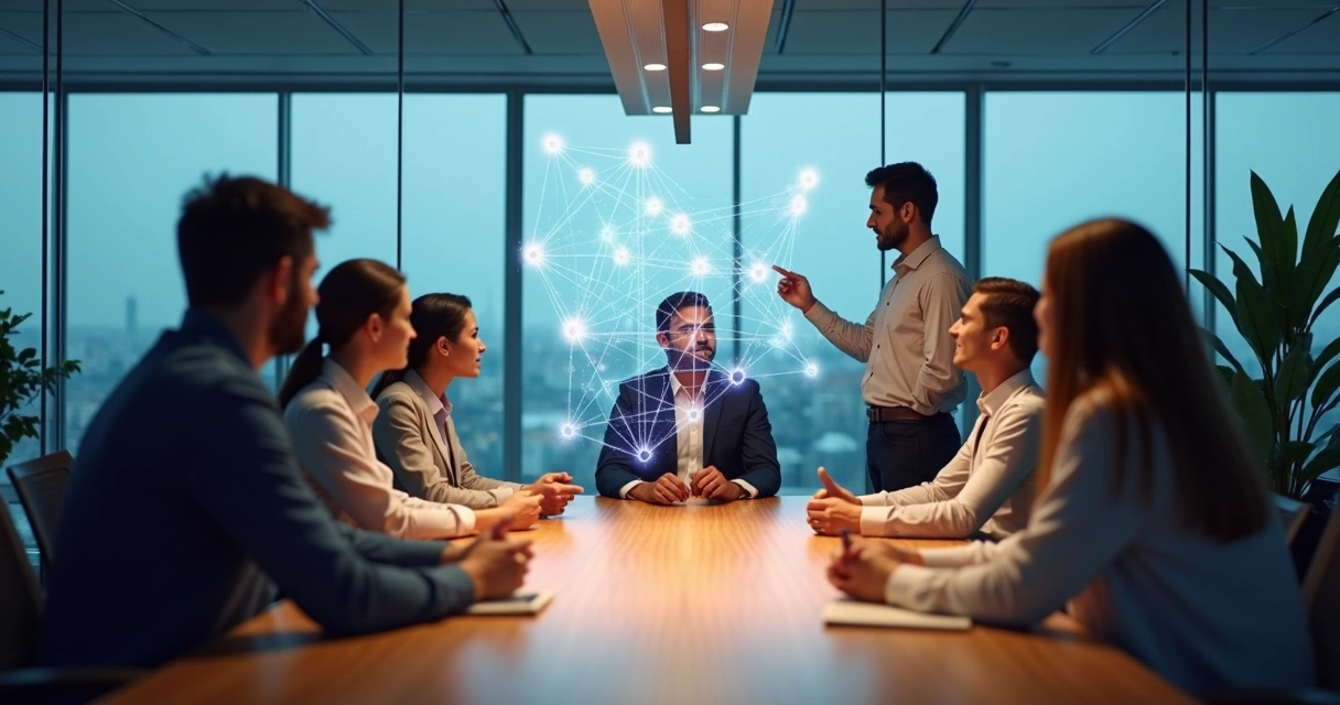 Equipo de trabajo analizando conexiones invisibles entre ellos en una sala de reuniones moderna 