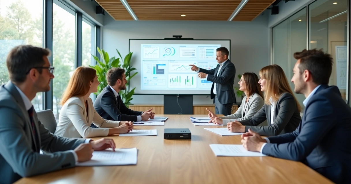 Equipo directivo en reunión abierta con paredes de cristal 