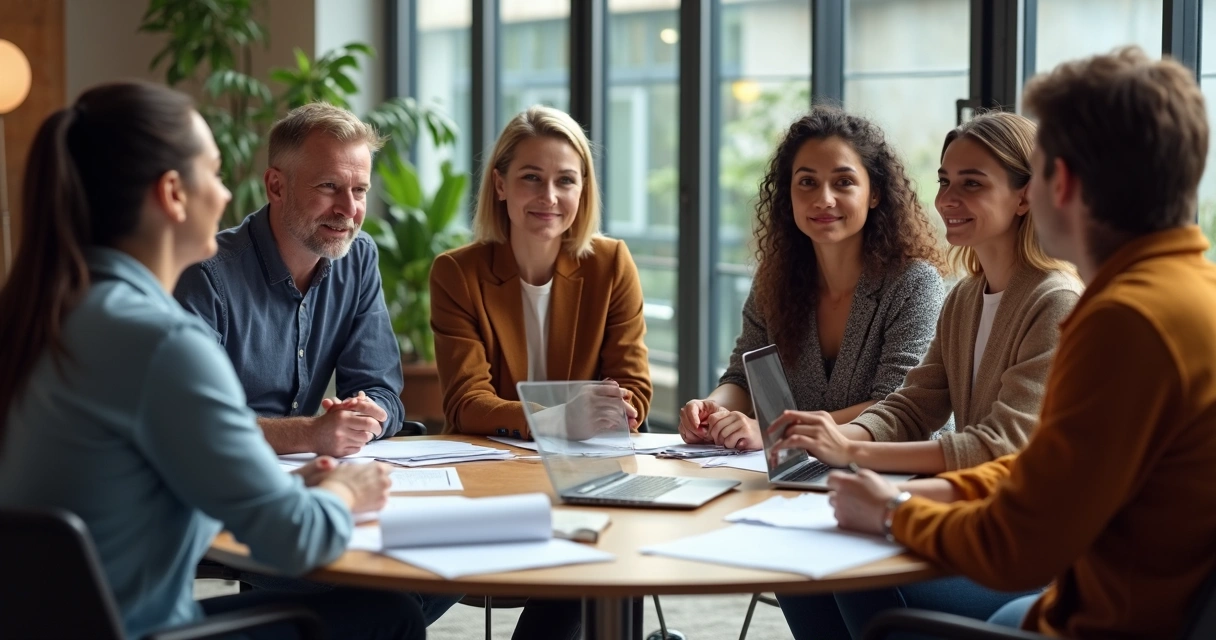 Grupo diverso de personas en oficina, reunidos en círculo, discutiendo y tomando decisiones juntos 