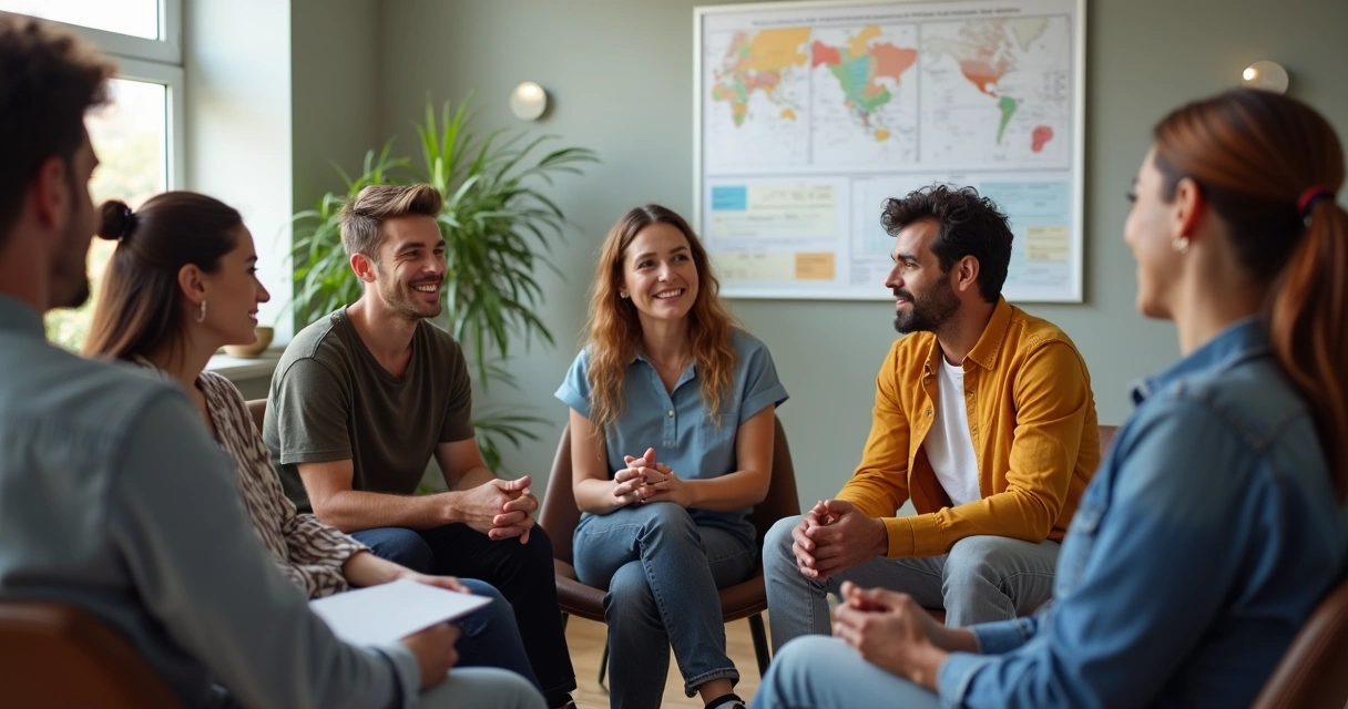 Equipo de trabajo diverso en círculo, conversando y sonriendo 