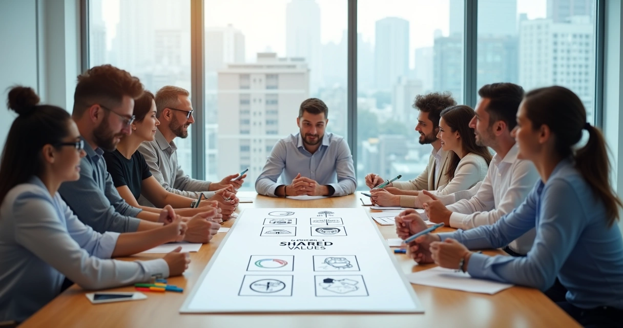 Equipo de trabajo alineando valores compartidos en una sala de reuniones moderna 