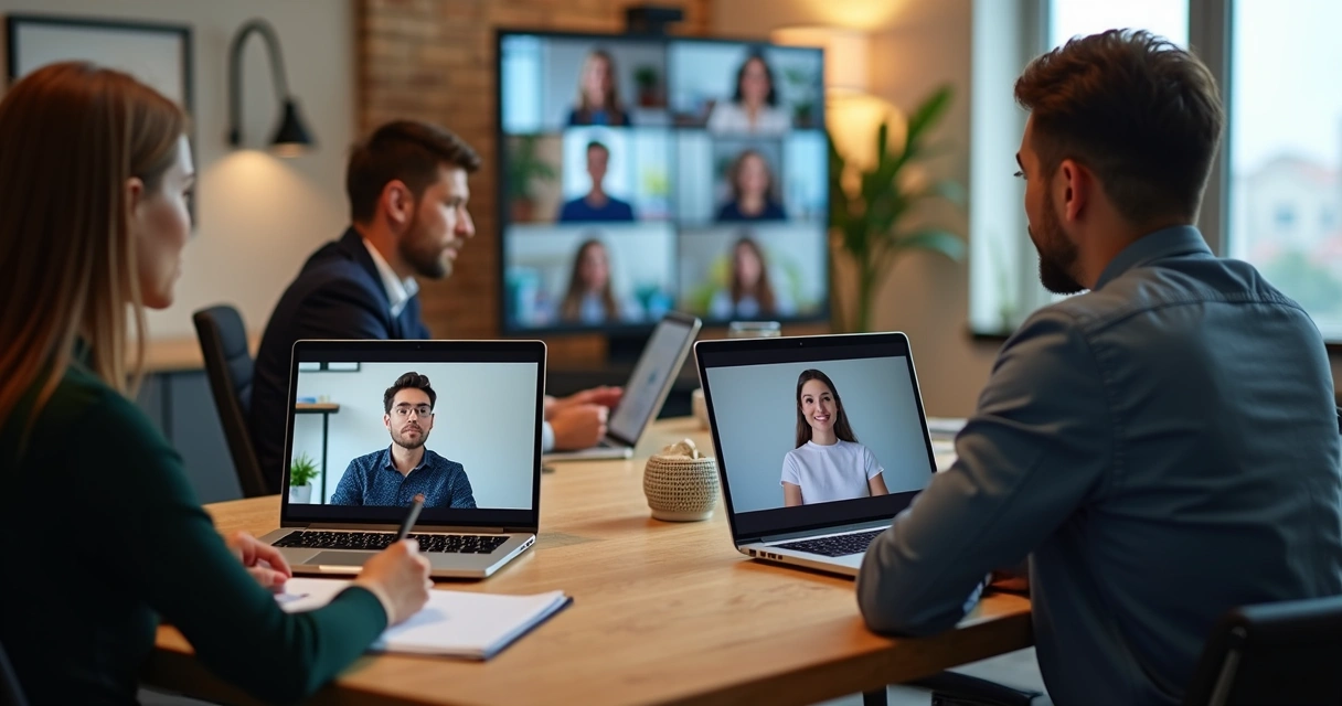 Equipo atento en videollamada con notas y cámara activa 
