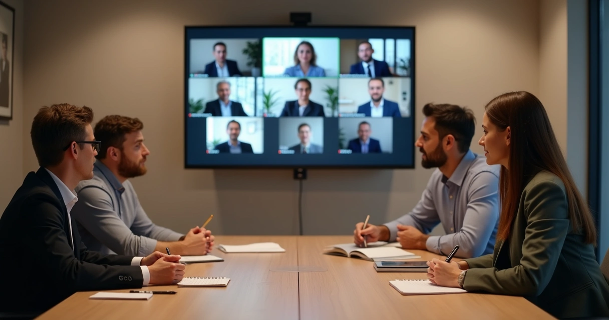 Equipo en videollamada observando interacción grupal en pantalla 