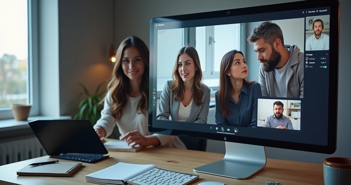 Equipo virtual en videollamada dividido entre colaboración y conflicto 