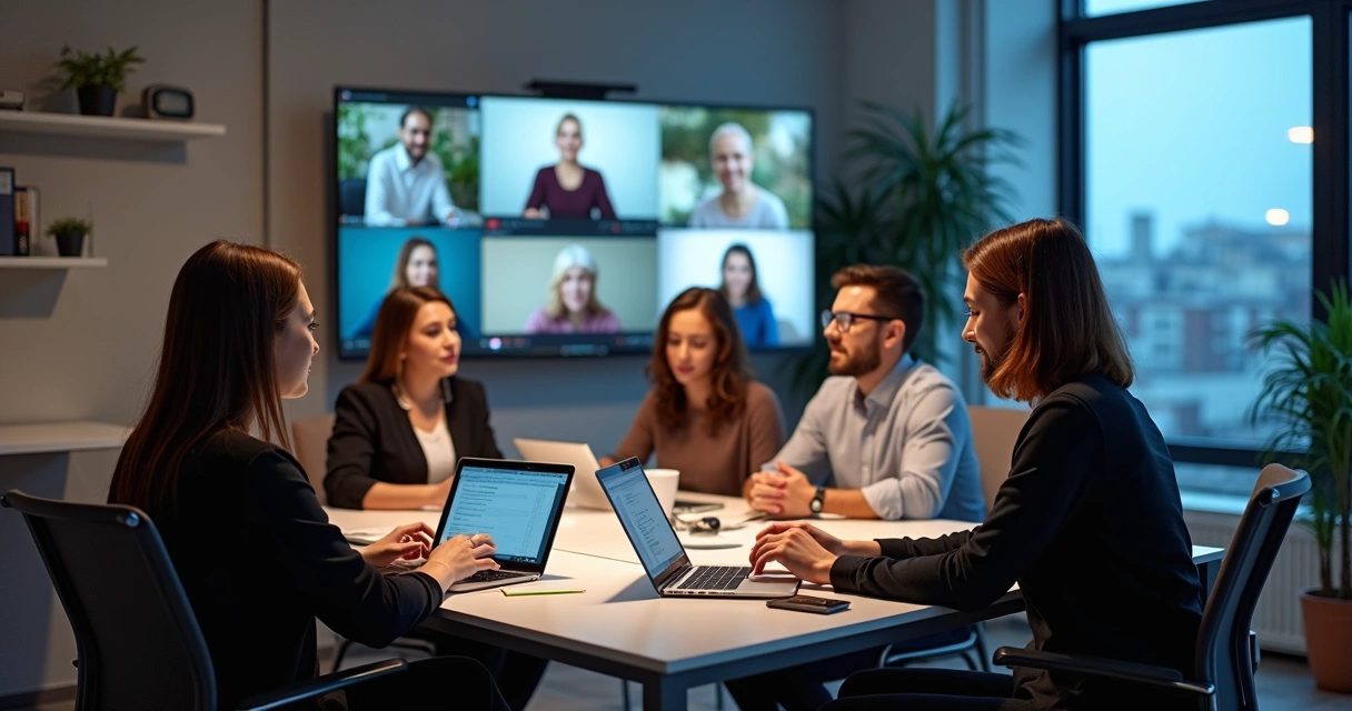 Equipo virtual colaborando a través de computadoras portátiles y tabletas 