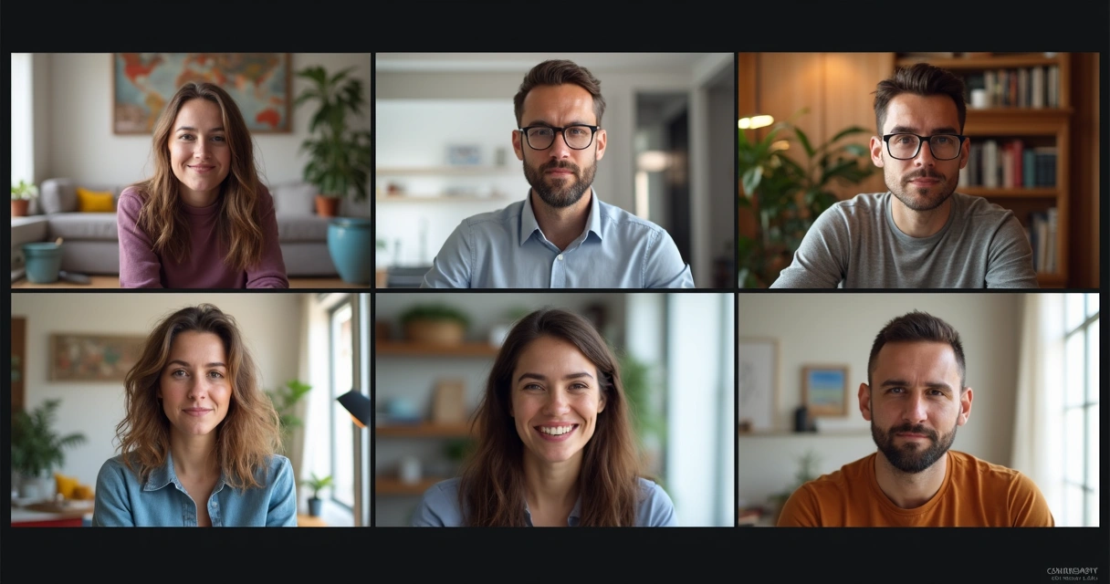 Personas en videollamada de trabajo, reunidas en pantallas de ordenador 