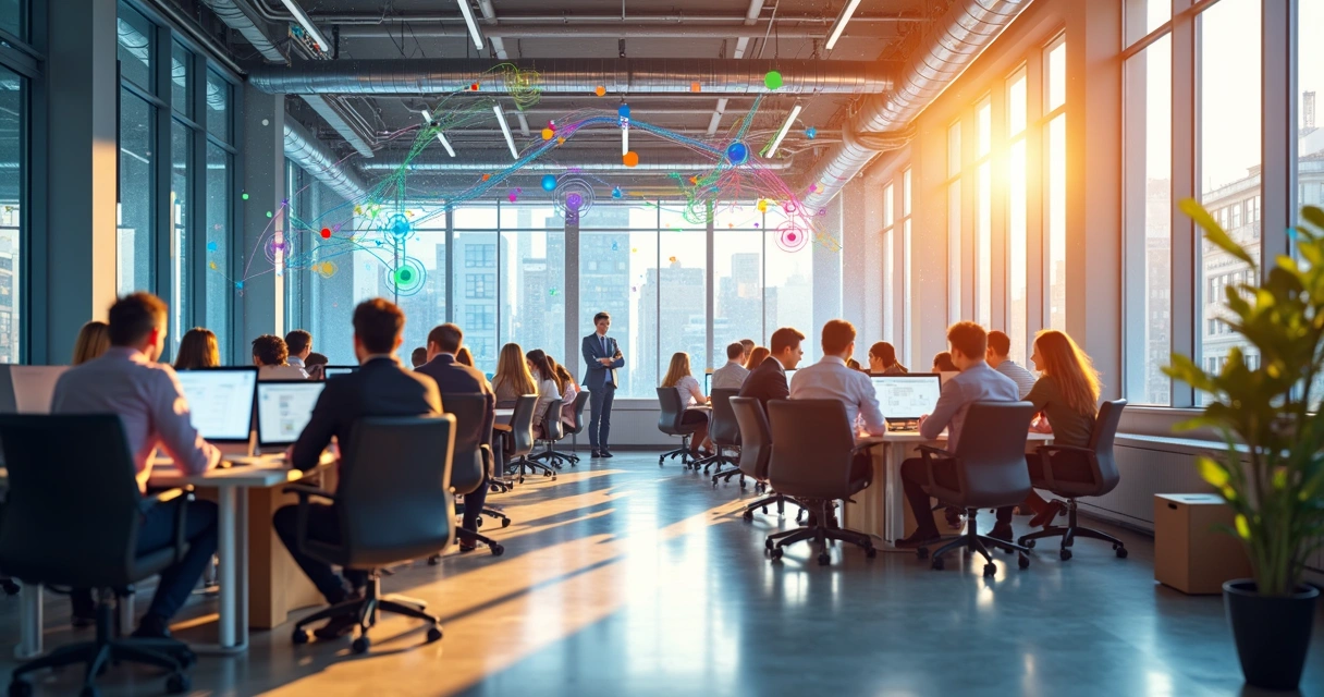 Equipos de trabajo distintos conectados mediante líneas y nodos 