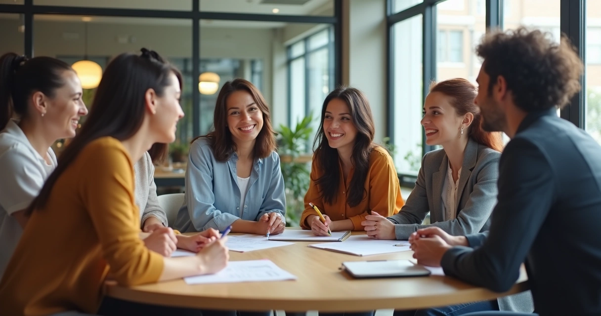 Equipo colaborando en una mesa redonda, expresiones de cooperación y confianza 