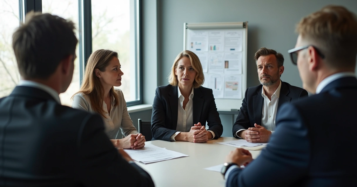 Equipo de trabajo reunido en sala de reuniones, mostrando interacciones sutiles 
