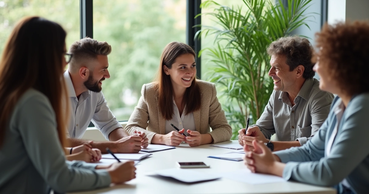 Personas trabajando en equipo en una oficina moderna, mostrando colaboración y empatía 