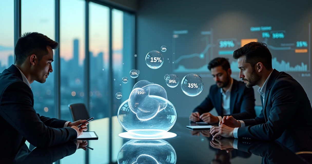 Sócios analisam bolhas transparentes com porcentagens de participação da empresa 