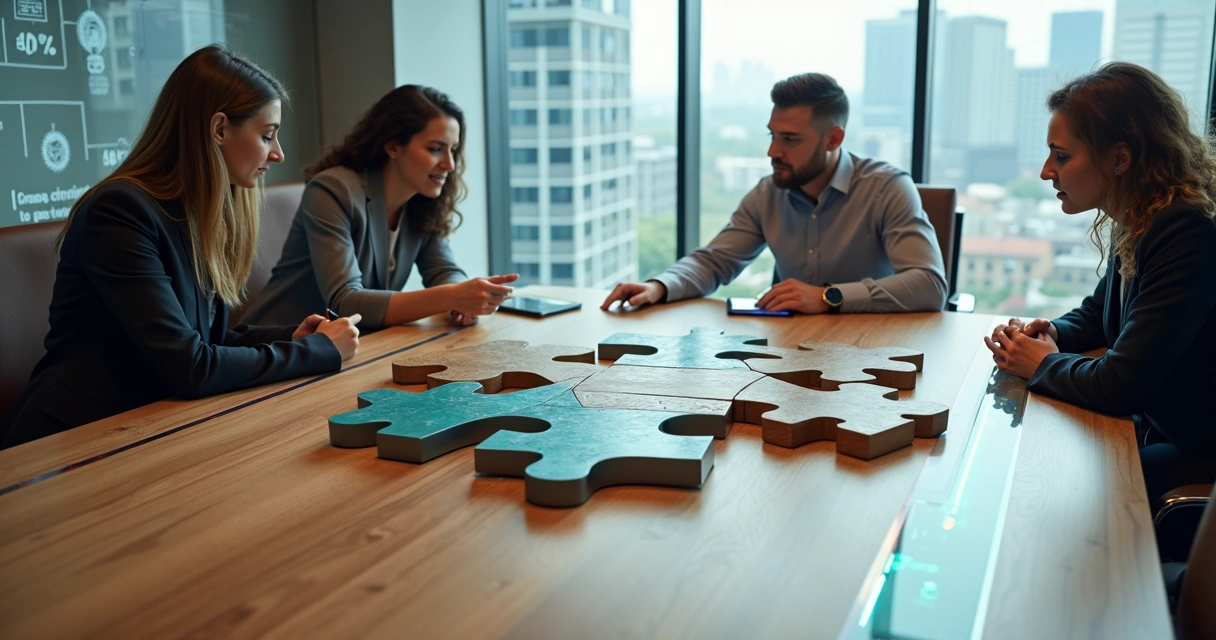 Executivos analisando peças de quebra-cabeça corporativas encaixadas em modelo de equity 