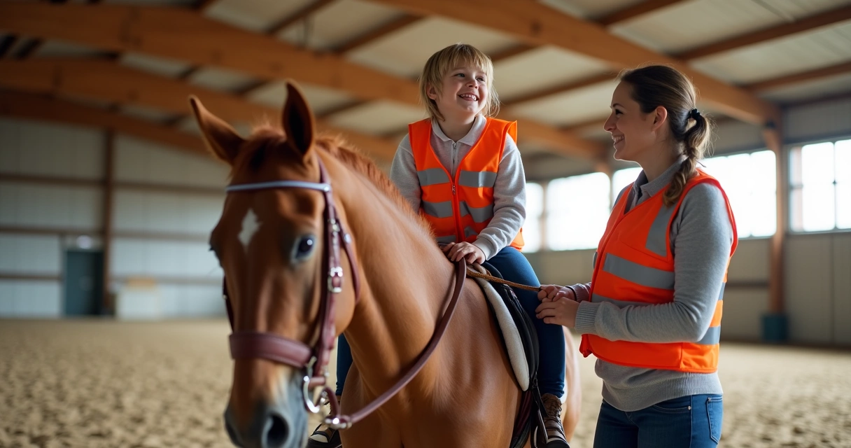 Sessão de equoterapia com instrutor e criança em centro equestre