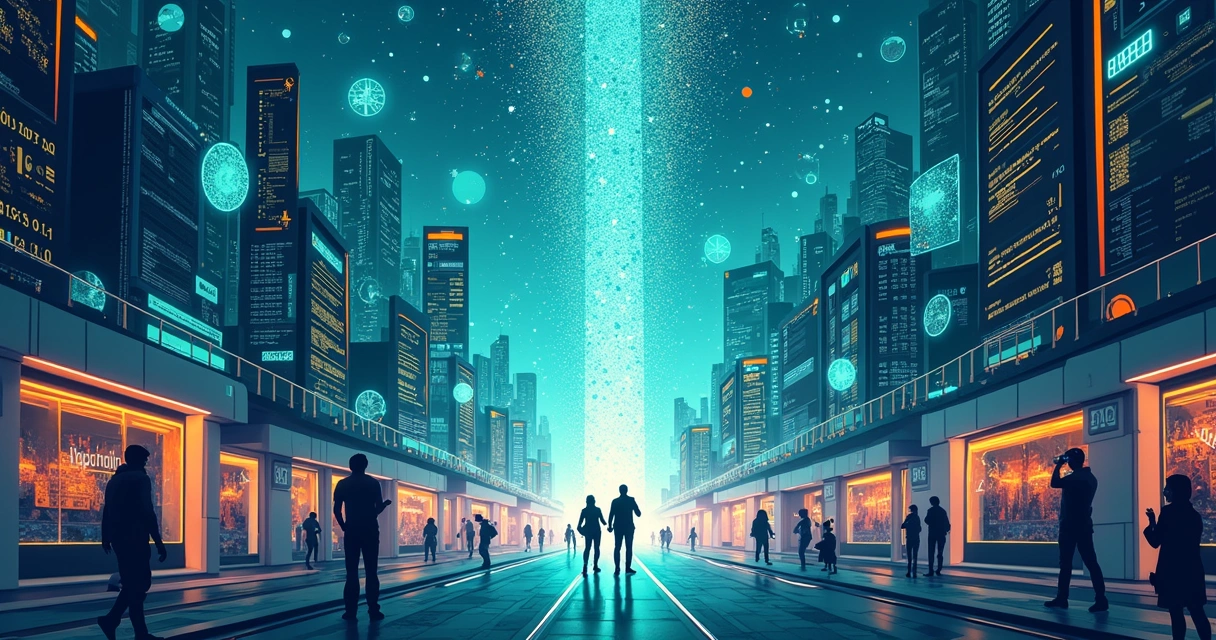 Ilustração vibrante de uma cidade futurista cheia de telas digitais que mostram dados e interações humanas com tecnologia.