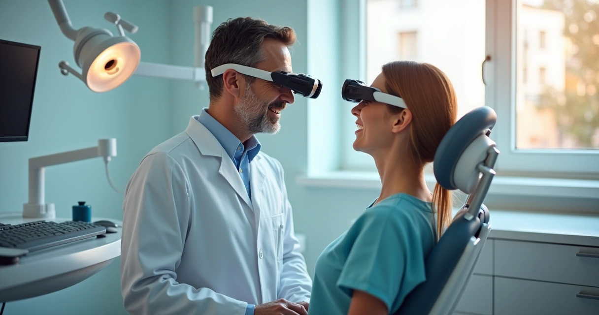 Dentista usando lupa Zumax com postura ergonômica correta 