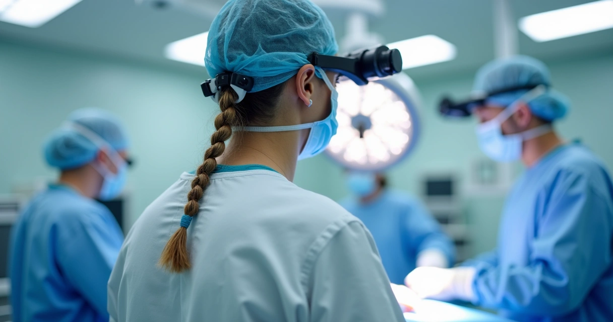 Cirurgião de jaleco usando lupa Zumax em mesa cirúrgica moderna 