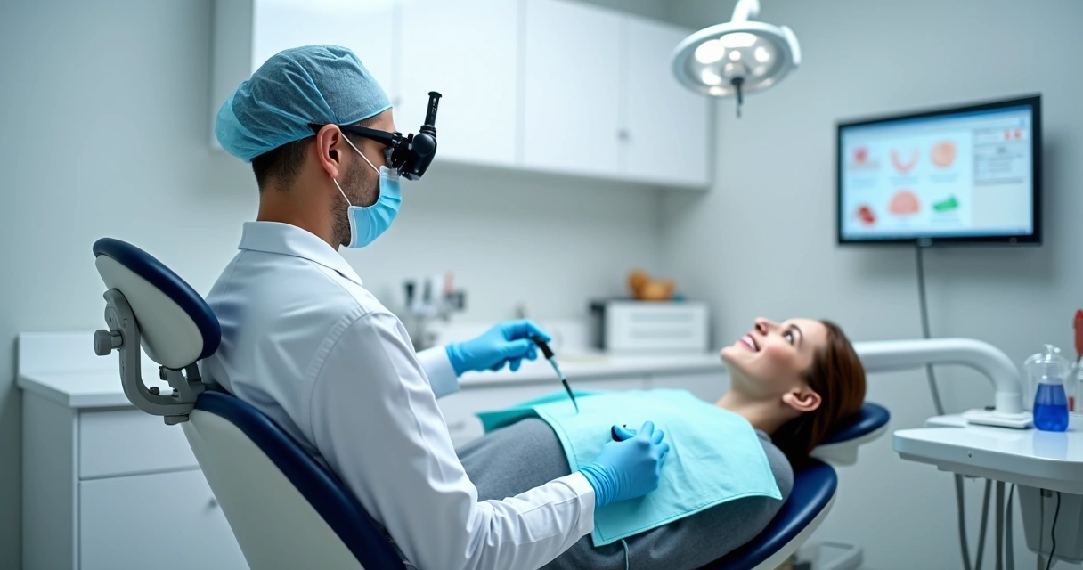 Dentista usando lupa e mantendo postura ergonomicamente correta durante atendimento odontológico 
