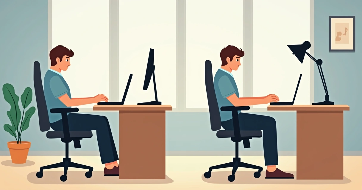 Montagem mostrando cadeira ergonômica, ajustes de monitor e mesa de home office 