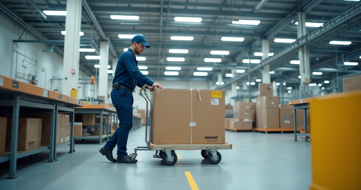 Trabalhador usando equipamento auxiliar para mover carga em ambiente industrial 