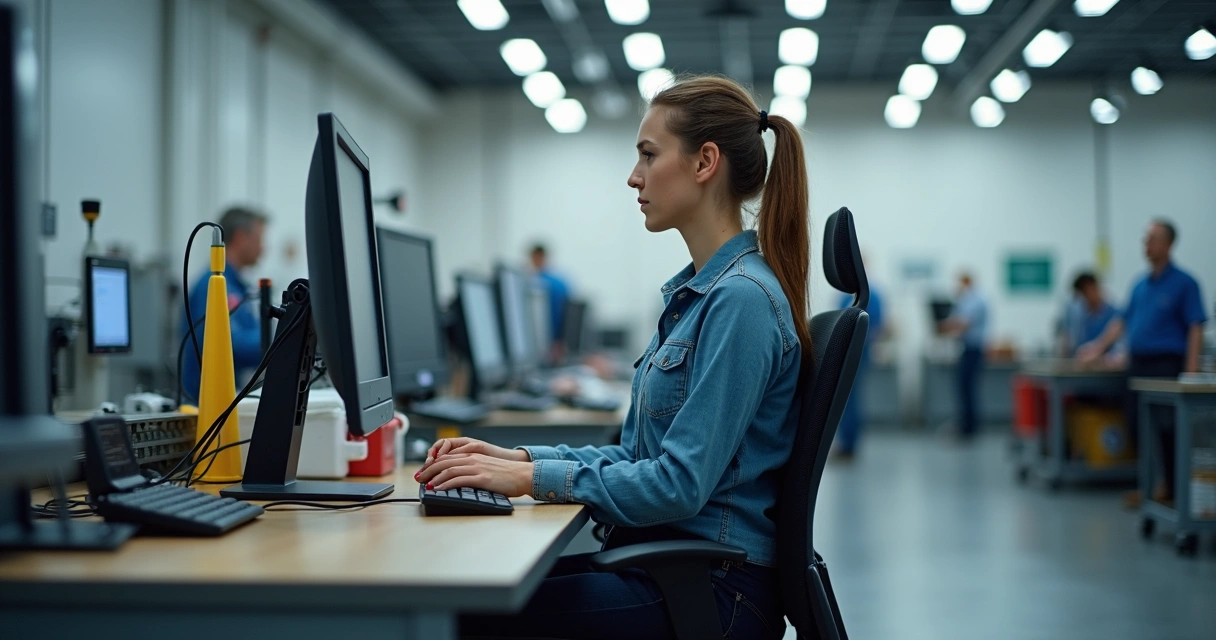Mulher ajustando cadeira ergonômica em fábrica
