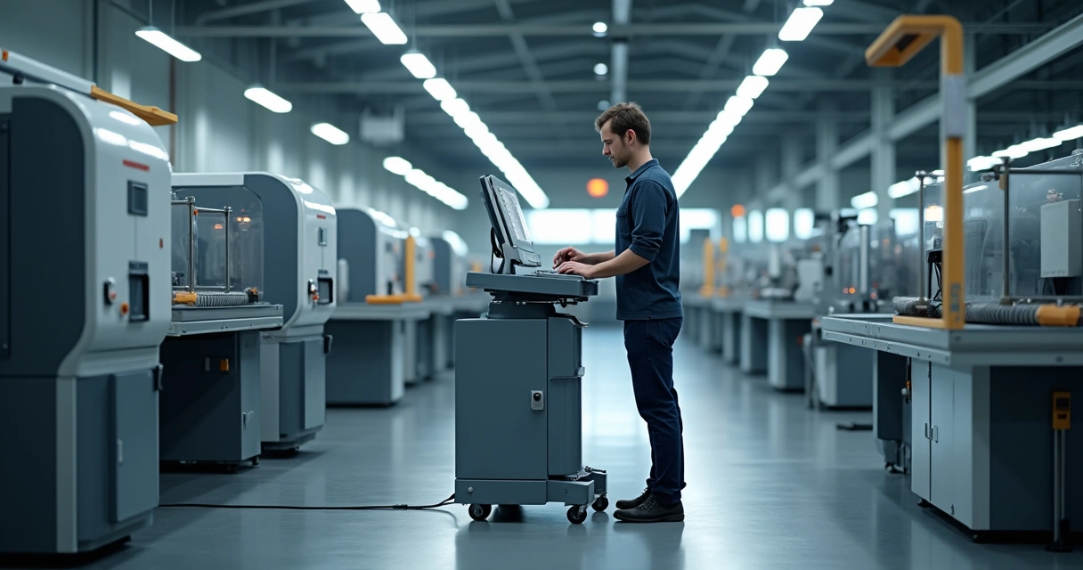 Estação de trabalho industrial com bancada ajustável e operário posicionando controle acessível