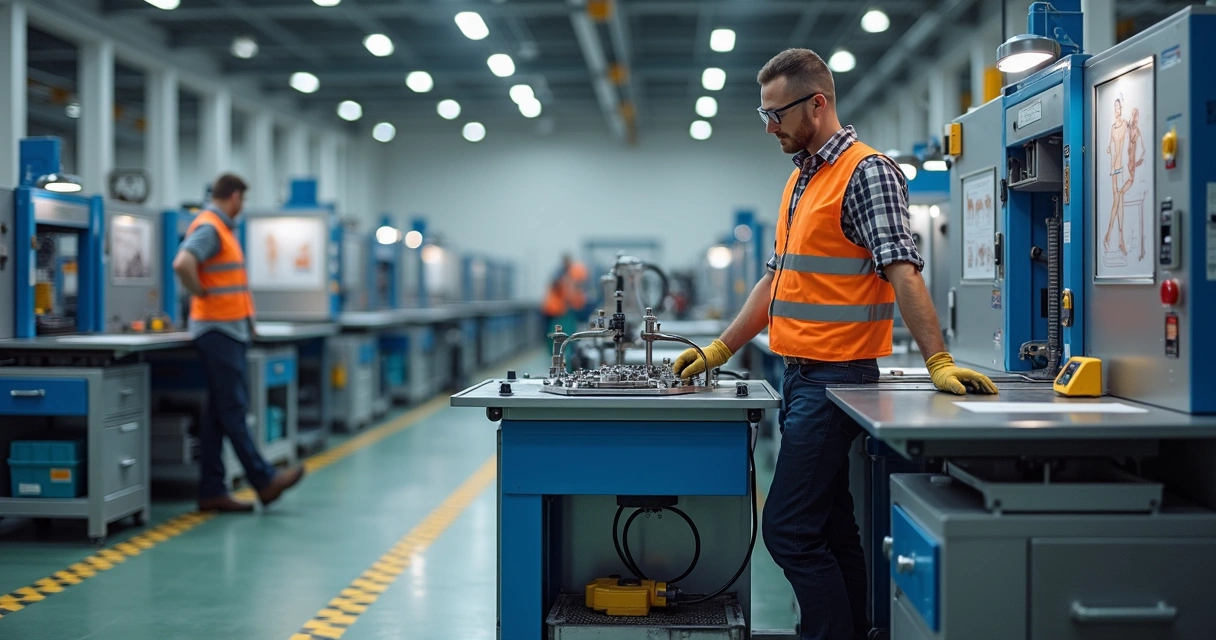Trabalhador ajustando altura de posto industrial ergonômico com comandos ao alcance 