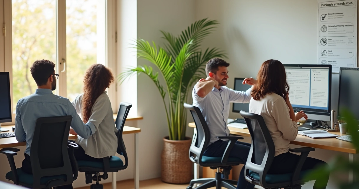 Colaboradores em escritório pequeno ajustando postura em cadeiras ergonômicas