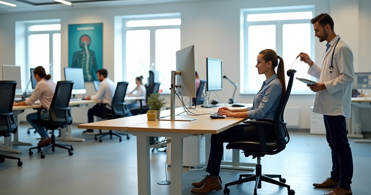 Posto de trabalho ergonômico em escritório corporativo moderno 