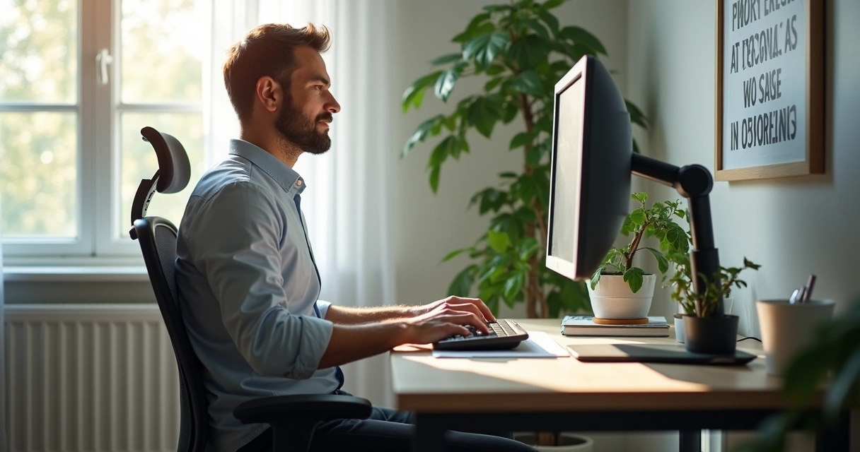 Trabalhador sentado corretamente frente ao computador, com postura adequada e expressão serena.