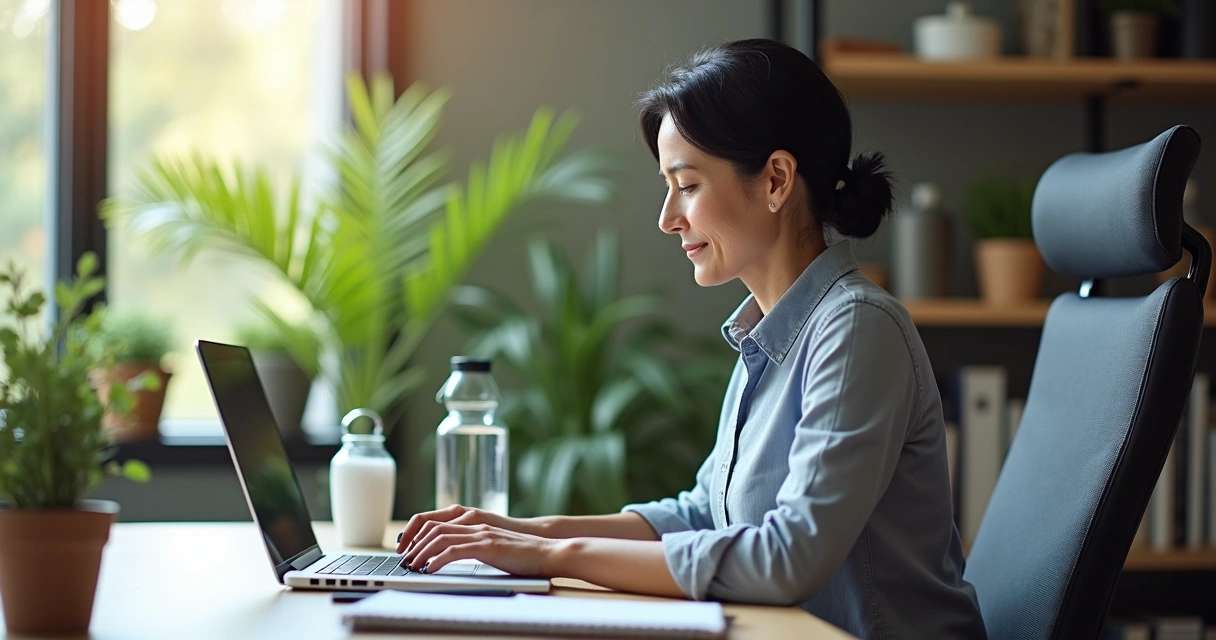 Pessoa ajustando cadeira ergonômica diante de mesa de trabalho com computador 