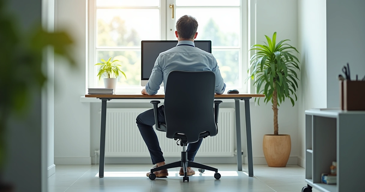Pessoa ajustando cadeira ergonômica em mesa de escritório 