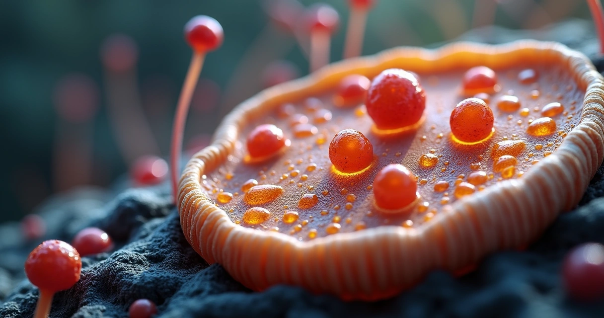 Ilustração ultra detalhada de uma célula de cogumelo mostrando a membrana celular com ergosterol destacado em 3D 