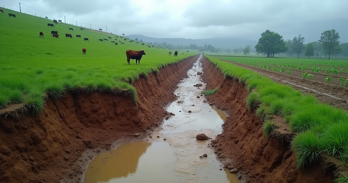 Terreno rural em declive com enxurrada escorrendo de pasto compactado para área vizinha mais baixa 