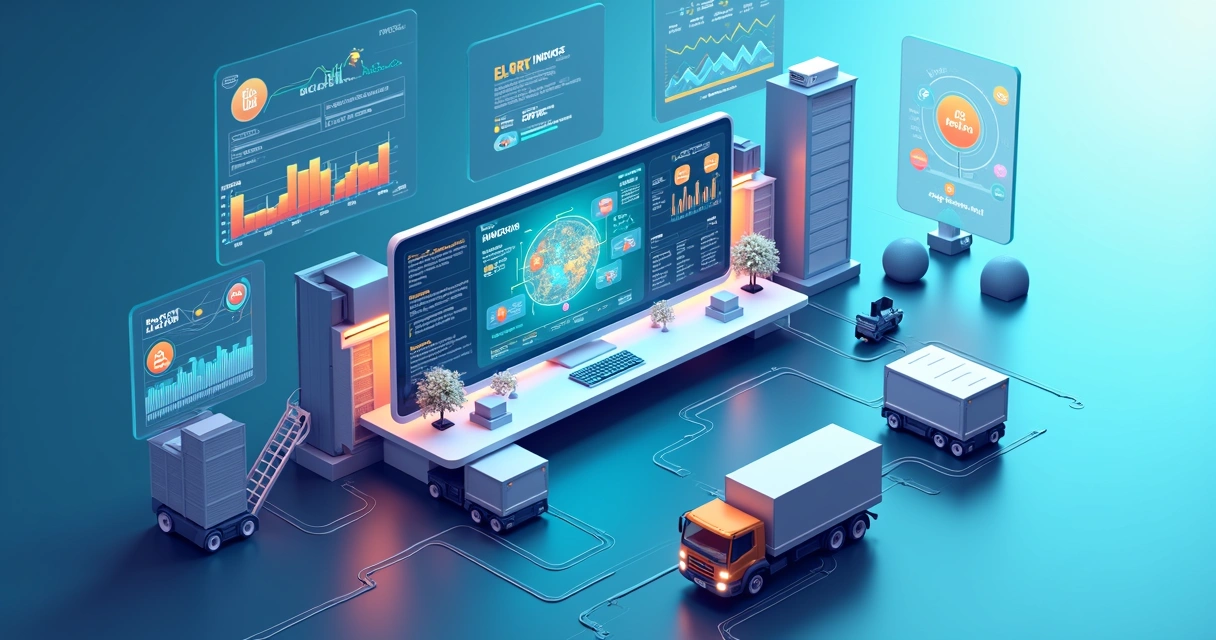 Dashboard de ERP de agente de carga em tela gigante com logística integrada em 3D 
