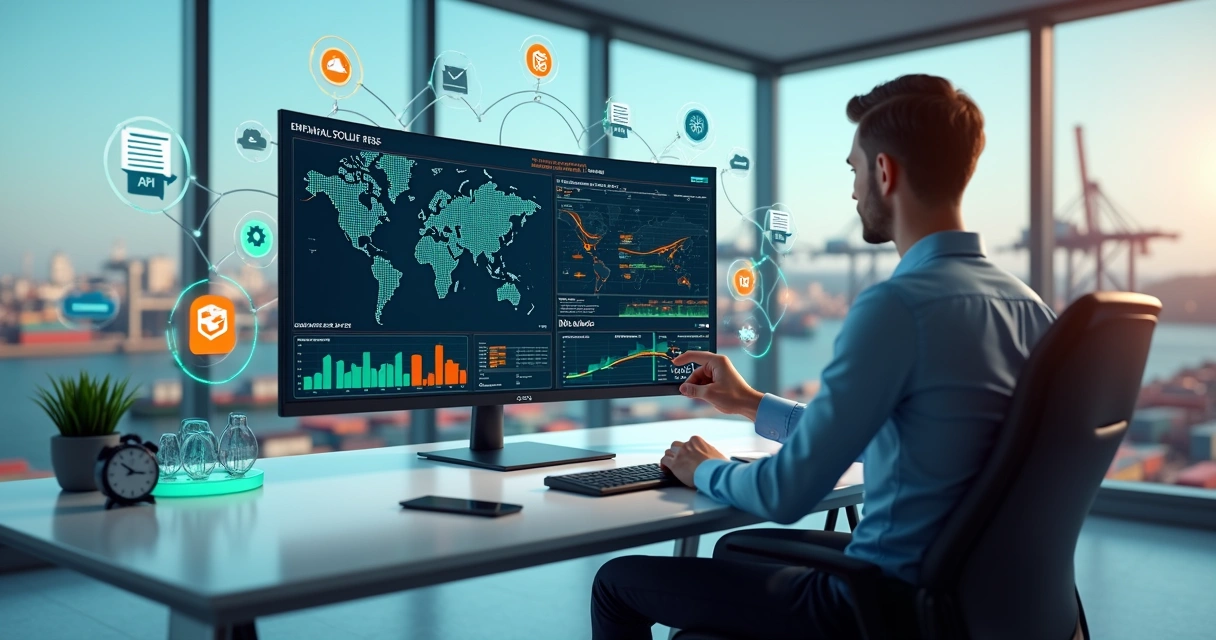 Painel ERP 3D com agente de carga monitorando operações logísticas globais 
