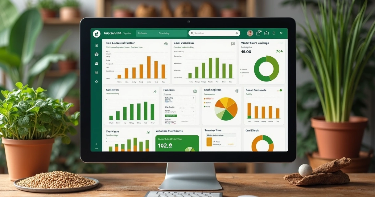 Painel de ERP agrícola integrado mostrando diferentes dados operacionais 