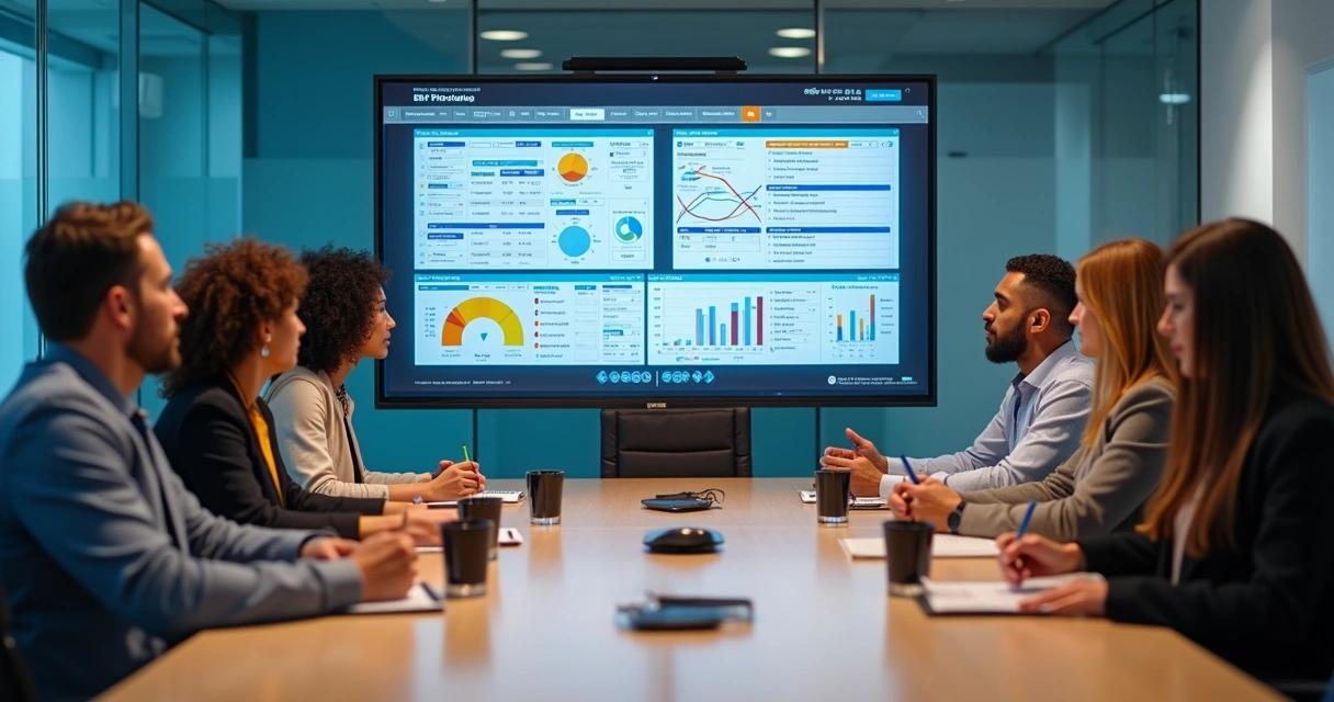 Equipe de empresa em sala de reunião vendo apresentação de ERP em telão 