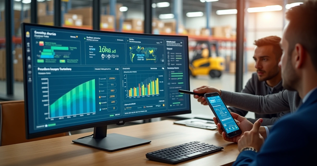 Equipe de atacado analisando painel ERP com indicadores financeiros e de vendas B2B 