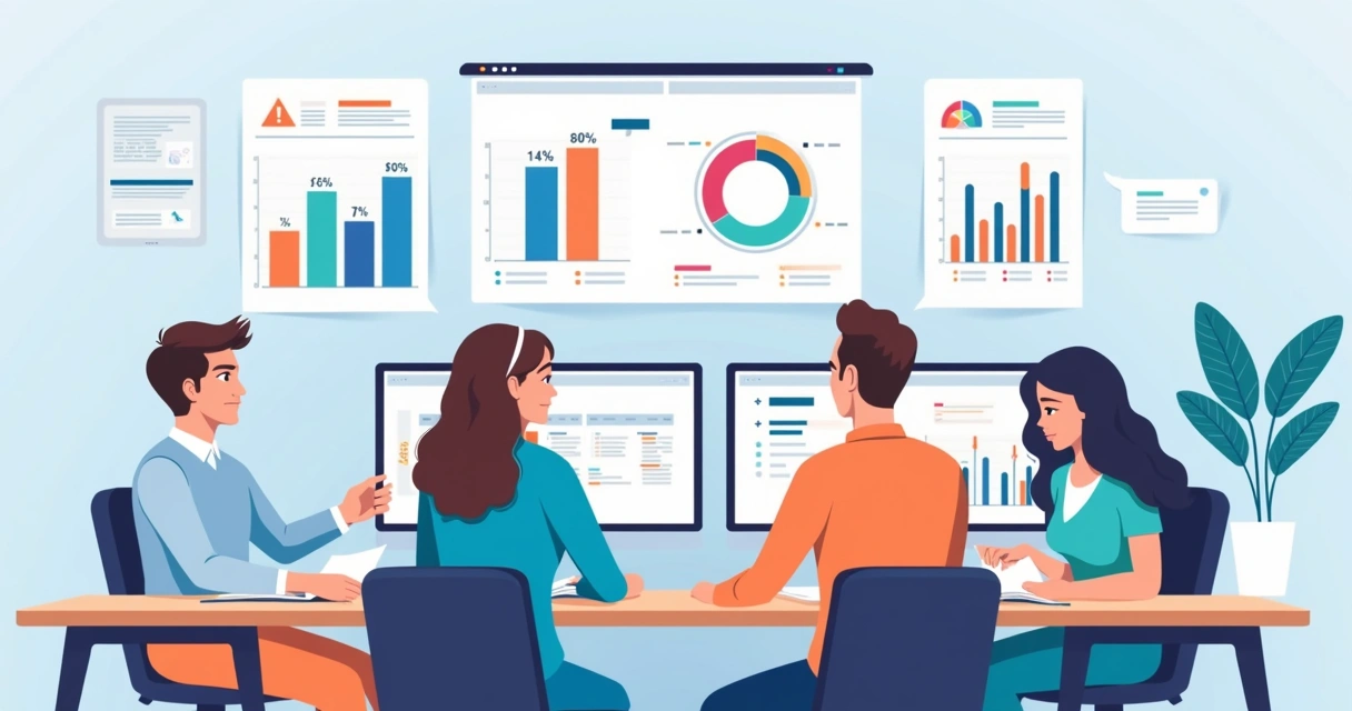 Equipe empresarial analisando dados financeiros em telas de computador
