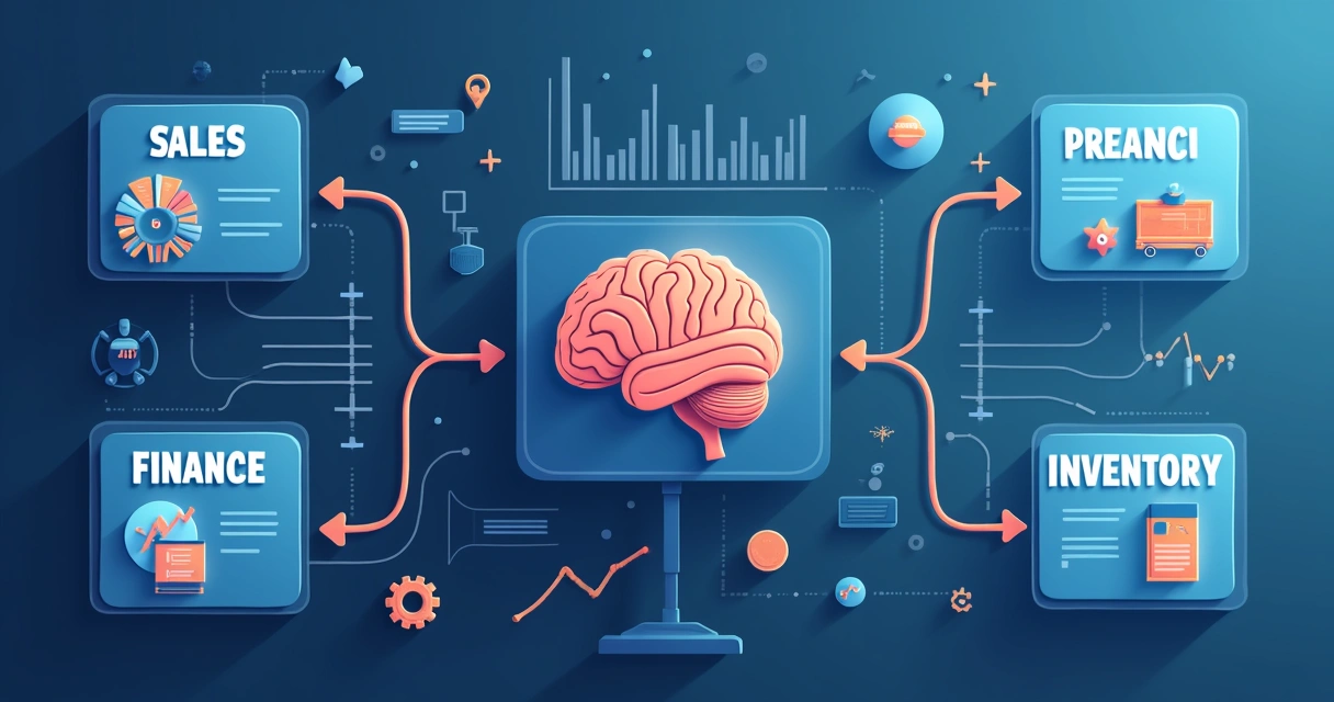 Processo automatizado de gestão ERP integrando setores como vendas, financeiro e estoque 